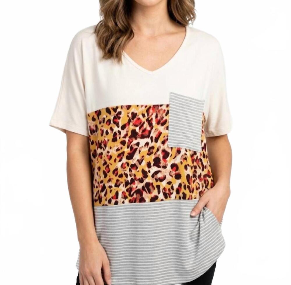 NEW ENTRO leopard and stripe block top in multi
